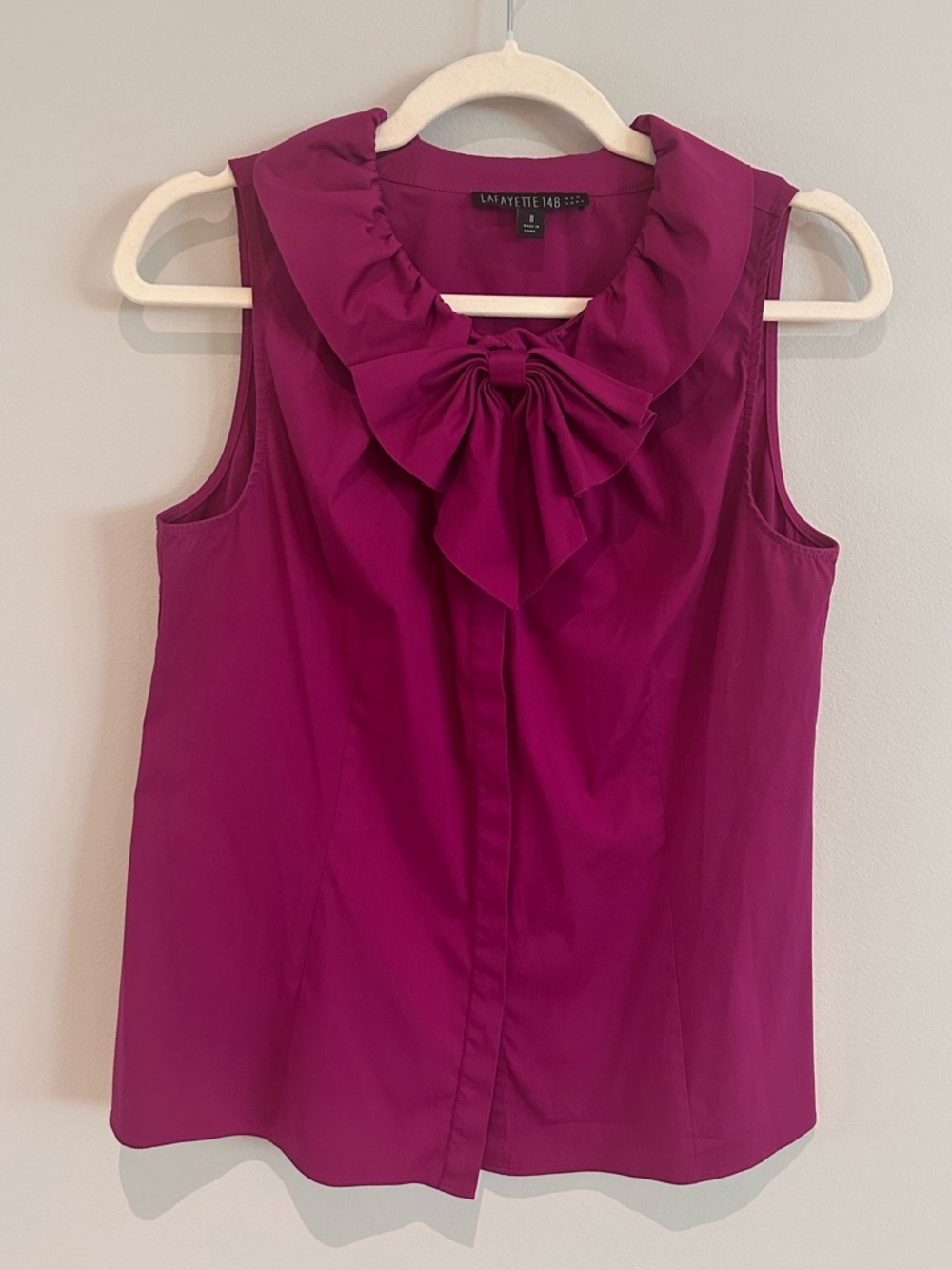 Lafayette 148 New York Ruffle Bow Sleeveless Blouse Magenta 100% Cotton Size 8